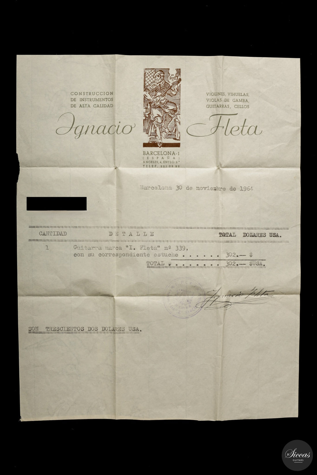 Ignacio Fleta - 1964 No. 339 - Certificate